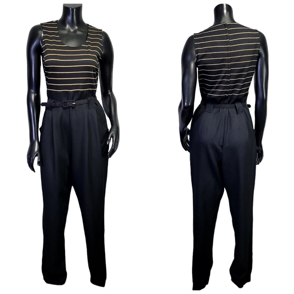 Vintage 90 Gold Metallic Striped Black Tank Jumpsuit Slim Leg Career Casual